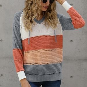 Full Size Color Block Knitted Hoodie